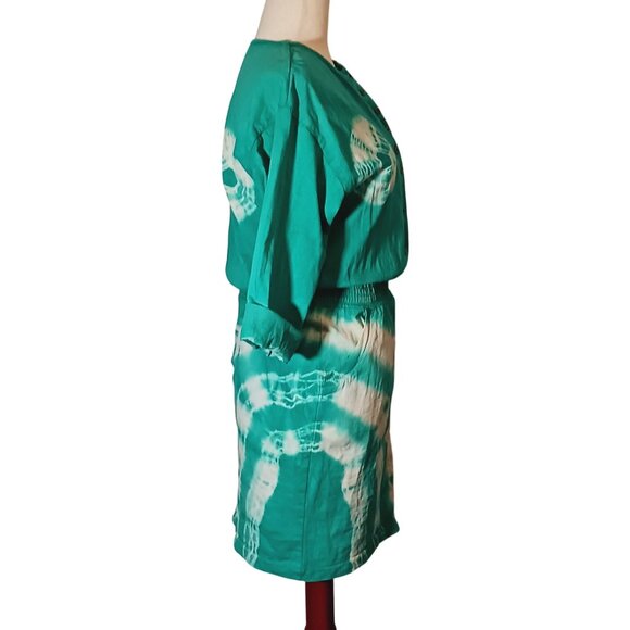 VTG Bridge Sportswear Co. Cotton Teal/White Tie-Dye Smocked Waist Dress Size L - Picture 3 of 13